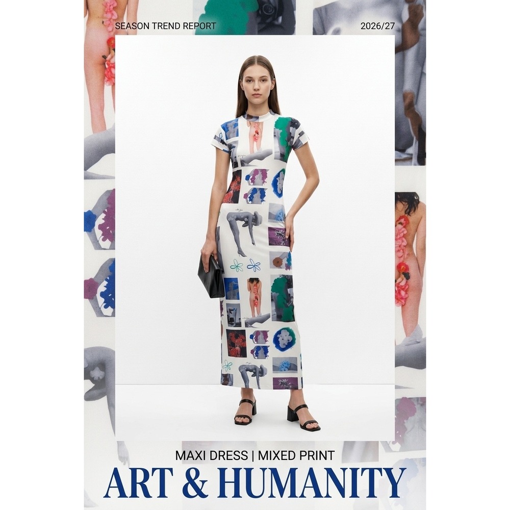 With Jean Morphe Maxi Women's Dress White Mixed Photo Print Mock Neck‎ XS